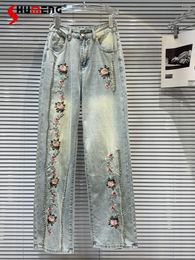 Women's Jeans Fashion 2024 Summer Chinese Style Flower Embroidery Gradient Straight Loose Comfort Nice Clothes