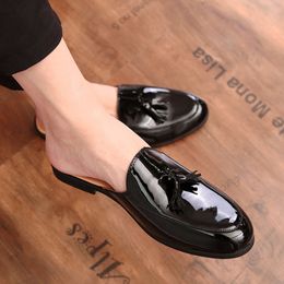 Summer Half Men Black Loafers Slippers Patent Casual Driving Leather Shoes Flats Sandals Breathable Tassel Mules