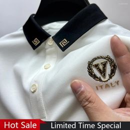 Men's Polos Luxury Ice Silk Polo Shirts Short Sleeved Lapel T-shirts 2024 Summer Trend Drilling Exquisite Embroidery Casual Men Clothing