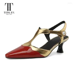Dress Shoes TULING JUN 2024 Spring Summer Woman Concise Mixed Colour Pointed Toe Single Med Thin Heels Shallow Pupms For Lady T-3883