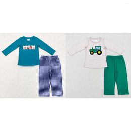 Clothing Sets Wholesale Baby Boys Clothes Embroidery Farm Animals House Horse Cow Plaid Long Sleeve Green Pantsuit