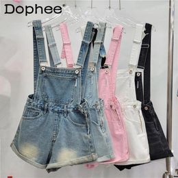 Women's Jeans European And American Style Denim Suspender Pants Shorts Summer 2024 Retro High Waist Slim Fit Wide Leg