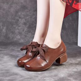 Dress Shoes Single Shoe Thick Heel Soft Sole Lace Up Women's Middle-aged Small Leather