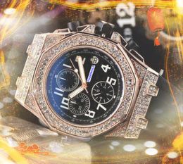 Popular Mens Full Function Quarz Chronograph Watches Stopwatch Black Green Rubber Strap Clock Diamonds Ring President Sports Chain Bracelet Watch Gifts