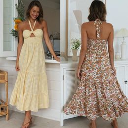 Womens Halter Backless Printed Large Swing Long Dress