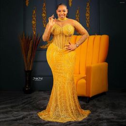 Party Dresses Luxury Beading Mermaid African Prom Plus Size Black Women Beads Lace Evening Formal Dress Asoebi Gold Yellow