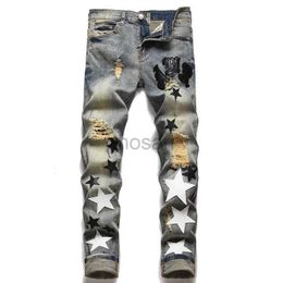 Men's Jeans usa style Mans Five-pointed Star Torn Patches Trendy Elastic Slim Leggings Versatile Pants Denim Hole Letter top quality d240417