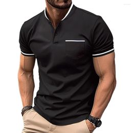 Men's T Shirts Shirt Sports Short Daily Holiday Striped Tee V Neck 1pcs Button Casual Top Polyester Sleeve Stand Collar