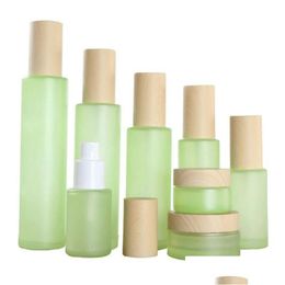 Packing Bottles Wholesale 20Ml 30Ml 40Ml 60Ml 80Ml 100Ml 120Ml Green Frosted Glass Cream Jar Mist Spray Lotion Pump Bottle With Imitat Dhtfy