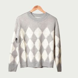 Womens Sweaters Fall Winter Long Sleeve Round Neck Grey Plaid Print Knitted Panelled Plover Sweater Women Fashion D2616119 Drop Delive Othoj