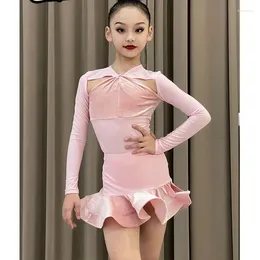 Clothing Sets Advanced Version Latin Dance Training Dress 2024 Autumn And Winter Children's Gentle Pink Long-sleeved Suit