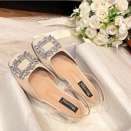 Dress Shoes Women's Baotou Sandals Thick Heels 2024 Summer French Line With Back Empty Diamond Square Buckle Single Shoe Low Heel Middle