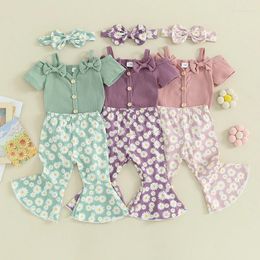Clothing Sets AXYRXWR 0-18M Born Baby Girls Summer 2pcs Bowknot Strap Button Bodysuits Flare Pants Headband Casual Outfits