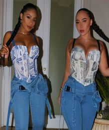 Women Suspender Vest Sexy US Dollar Printed Shoulder Strap Chestwrapped Back Open Waist Zipper Tops Am Clothing1675401