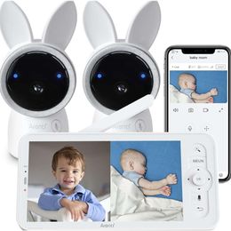 AREN'TI Split Screen Video Baby Monitor with Two 2K HD WiFi Cameras, 5 Color 720P Display, Night Vision, Cry Detection, Motion Detection, Temp & Humidity Sensor