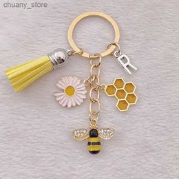 Keychains Lanyards Cute bee keychain geometricgeometric bee tassel key ring insect bumblebee Keychain Letters A-Z Keychain gift Y240417