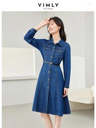 Casual Dresses Vimly Retro Blue Denim Shirt Dress For Women 2024 Spring Lapel Button Up Belt A-line Cotton Washed Jean 72956