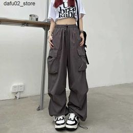 Men's Pants Womens Y2K cargo pants casual high waisted breathable pocket sports pants Kpop wide leg drawstring oversized pocket jogger Trousers Q240417