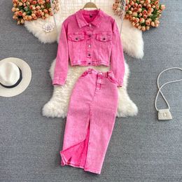 Autumn Women Pink Denim Sets Lapel Long Sleeve Short Jacket High Waist Skirt Korean Female Two Piece Set Streetwear 240408