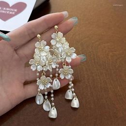 Dangle Earrings Korean Fashion Acrylic Flowers Women 2024 Trend Long Pearl Tassel Brincos Jewellery Gift