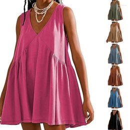 Casual Dresses Womens Summer Sleeveless V Neck Solid Pleated Mini Flowy Dress Loose A Line Short Beach With Pockets 10CF