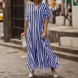 Casual Dresses Women'S Fashionable Striped Long V Neck Open Front Short Sleeve Maxi Dress With Side Slit Comfy Ropa De Mujer