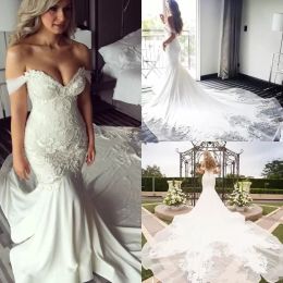 Modest Mermaid Wedding Dresses Bridal Gown 2024 Chapel Train Lace Applique Beaded Off the Shoulder Covered Buttons Back Custom Made Plus Size