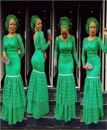 2019 Nigerian Lace Styles Long Sleeves Mermaid Evening Dresses asoebibella Prom Party Pageant Gowns Tier Floor Length Plus Size3266622