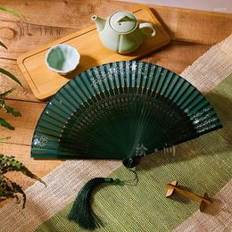 Decorative Figurines Dark Green Silk Folding Fan Ancient Style Summer Classic Small Gift Chinese Dance Runway Show