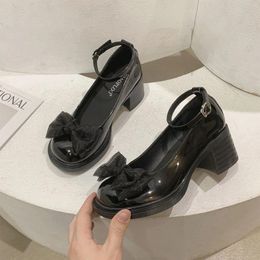 Dress Shoes High Heels Platform Pumps Mujer 2024 Summer Fashion Buckle Solid Black Woman Pu Leather Bow Femme