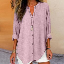 Women's Blouses Women Casual Shirt V-neck Long Sleeve Vertical Striped Print Single Breasted Loose Fit Tops Streetwear