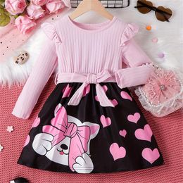 Girl Dresses Kids Toddler Girls Long Sleeve Ribbed Patchwork Bowknot Cute Cartoon Dress Valentine's For Personalized