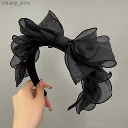 Headbands Fashion Korea Retro Black Mesh Big Bow Headband hair accessories Women originality Ruffled edge Stylist accessories Hair hoop Y240417