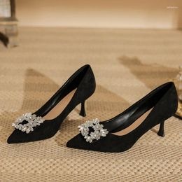 Casual Shoes 2024 Pointed Women's Single High Heels Banquet Diamond Square Buckle Flat Light Silk Wedding