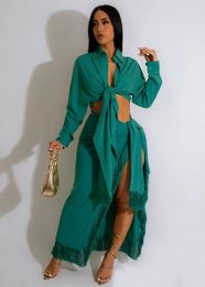 Work Dresses WUHE Tassel Hem High Side Split Tie Up Waist Skirts Set And Long Sleeve Shirt 2024 Summer Women Two 2 Piece Outfit Dress