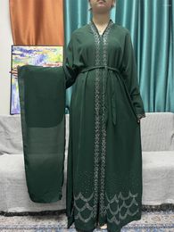 Ethnic Clothing Open Abayas For Women Dubai Islam Muslim Zipper Diamond Inlaid Solid Color Synthetic Royal Chiffon Loose Fit Robe With