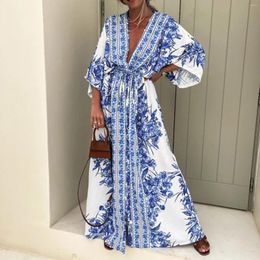 Casual Dresses Flower Print Kimono Dress With Belt Women's Long Sleev V Neck Lace Up Maxi Loose Boho Retro Robe 2024 Vestidos