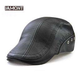 Berets JAMONT 100% PU Leather Newsboy Cap Winter Berets Male Warm Visors Cap Fashion Letter Snapback Caps for Men Bone Gorras Casquette d240417