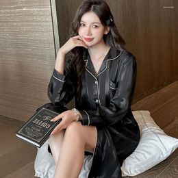 Women's Sleepwear High Grade Ice Silk Thin Pajamas Dresses Spring Fall Women Oversized Cardigan Home Wear Long Sleeved Baggy Casual