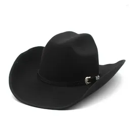 Berets 9.5cm Roll Brimmed Western Cowboy Hat Men Women Horse Riding Belt Decor Jazz Fedora Hats Black Panama Felt Cap Trilby