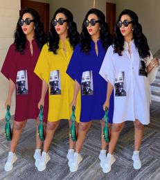 2019 Womens TShirts Dress Female highend custom high street dresses half sleeve lapel singlebreasted printed dresses white knee2723731