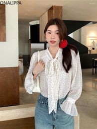 Women's Blouses Onalippa Sunscreen Dot Chiffon Blouse Lace Up Bow Flare Long Sleeves Loose Shirts For Women Gentle Wind Sweet Contrast Shirt