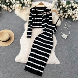 Korean Sweet Hit Colour Patchwork Striped Spaghetti Strap Dress and V Neck Long Sleeve Cardigans 2 Pieces Sets 240415
