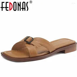 Sandals FEDONAS Low Heels Comfortable Slippers Summer Women Retro Concise Hollow Casual Genuine Leather Shoes Woman Arrival