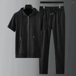 Men's Tracksuits High Quality Summer Tracksuit Short Sleeve Men Big Pockets Deep Crotch Soft Fabric Sports Suit Zip-up