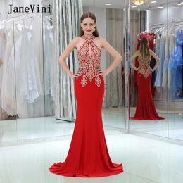 Party Dresses JaneVini Elegant Satin Red Prom For Women 2024 Halter Gold Appliques Beaded Sleeveless Mermaid Gala Formal Dress