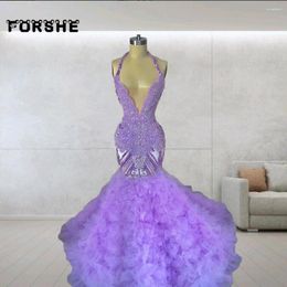 Party Dresses Shinny Lilac Prom 2024 Crystal Ruffles Mermaid Gowns Halter Neck Evening Dress Vestidos De Gala