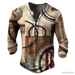 Men's T-Shirts Vintage Mens T-Shirt Imitation Cotton Tees Geometic Line 3d Printed Long Sleeve Henley Shirt Top Oversize Men Clothing Pullover