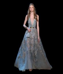 Elegant Elie Saab Dresses Evening Wear Plunging Neck Lace Formal Dress Illusion Bodice Floor Length A Line Sequined Red Carpet Gow8329051