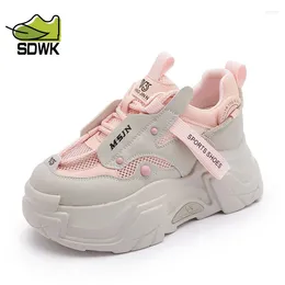 Casual Shoes SDWK 8CM Genuine Leather Breathable Summer Women Vulcanize Platform Wedge Chunky Sneaker Hollow Lace Up QA020